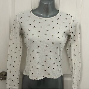 White and Purple Flower Long Sleeve Crop Top, Sz S